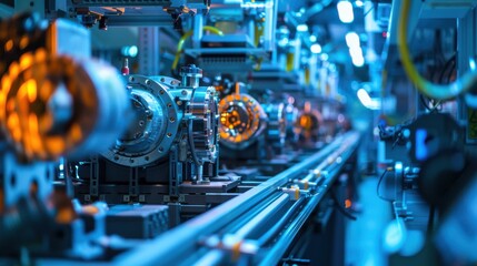 Fototapeta premium A factory assembly line with many machines and lights