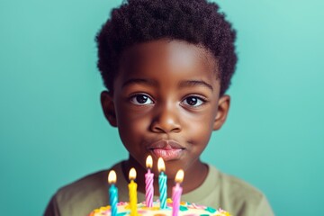 Black boy celebrates birthday and prepares to blow out candles on birthday cake