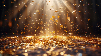 Gold confetti falls on the stage with gold highlights and sparkles