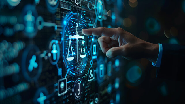 Hand touching virtual scale of justice icon on digital screen, Futuristic business for legal services and technology