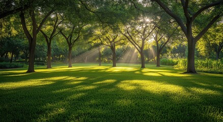 A serene park scene with sunlight filtering through the trees, casting dappled shadows on lush green grass, creating an atmosphere of tranquility and nature's beauty.