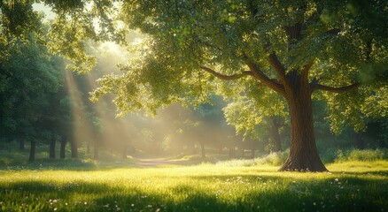 Fototapeta premium Golden sunbeams shine through the lush forest canopy, illuminating a serene meadow with vibrant green grass and trees.