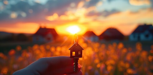 A hand is holding a keychain shaped like a house in front of blurred houses, symbolizing new home ownership at a sunset backdrop.