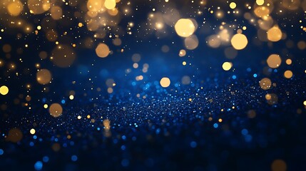 Abstract blue and gold bokeh background with blurred lights and sparkle.
