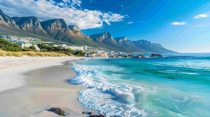 Panorama of Cape Town, South Africa. The city beach against magnificent mountains
