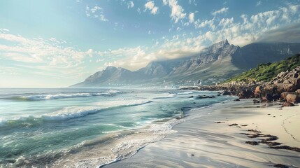 Panorama of Cape Town, South Africa. The city beach against magnificent mountains
