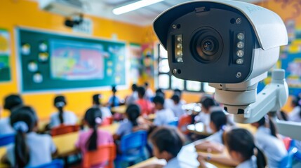 CCTV Security monitoring student in classroom at school. Security camera surveillance for watching and protect group of children while studying.