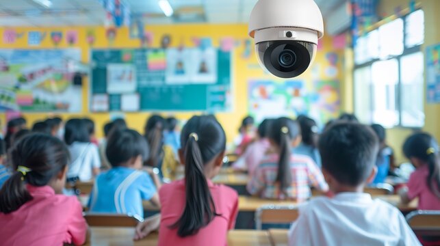 CCTV Security monitoring student in classroom at school. Security camera surveillance for watching and protect group of children while studying.