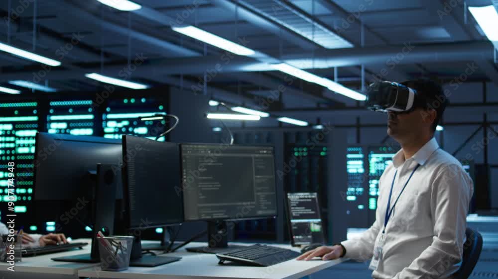 Aufkleber engineer wearing vr headset in data center installing software on computer, troubleshooting issues. 