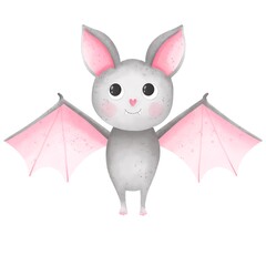 Background  cute bat. Hand drawn baby  bat.  Watercolor  illustration isolated on white background.Decor for children.