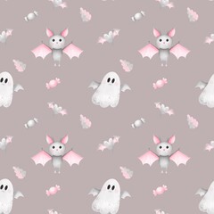Seamless pattern cute bat  and ghosts.Watercolor hand drawn color children's illustration, print with cute .Kids print.Baby collection, Halloween decorations.