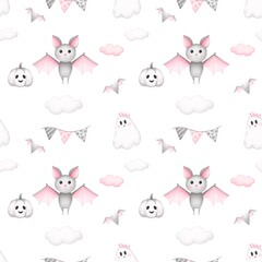Seamless pattern cute bat  and ghosts.Watercolor hand drawn color children's illustration, print with cute .Kids print.Baby collection, Halloween decorations.