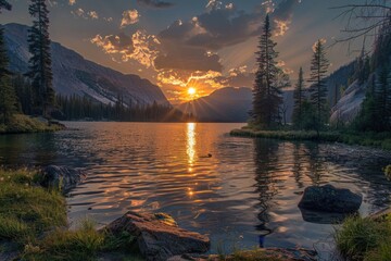 Serene sunset scene over a mountain lake with calm waters and surrounding mountains