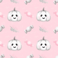 Seamless pattern cute pumpkin.Watercolor hand drawn color children's illustration, print with cute .Kids print.Baby collection, Halloween decorations.