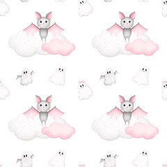 Seamless pattern cute bat  and ghosts.Watercolor hand drawn color children's illustration, print with cute .Kids print.Baby collection, Halloween decorations.