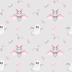 Seamless pattern cute bat  and ghosts.Watercolor hand drawn color children's illustration, print with cute .Kids print.Baby collection, Halloween decorations.