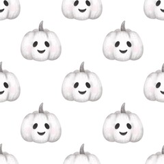 Seamless pattern cute pumpkin.Watercolor hand drawn color children's illustration, print with cute .Kids print.Baby collection, Halloween decorations.