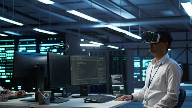 Engineer wearing VR headset in data center installing software on computer, troubleshooting issues. IT expert in server hub using virtual reality tech, establishing performance benchmarks, camera B