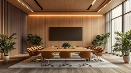 Interior meeting room concept design with wood panel ornament
