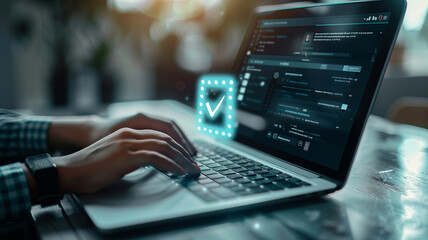 A person is using a laptop computer with a check mark icon floating on the screen