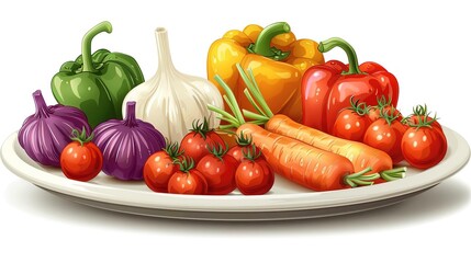 Illustration of a Plate of Fresh Vegetables with Carrots, Tomatoes, Peppers, and Garlic