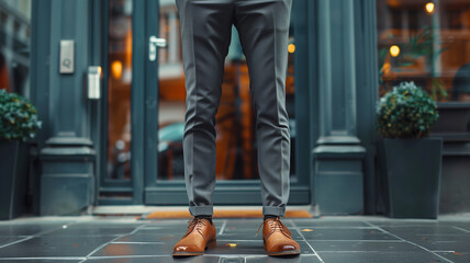 Obraz premium Closeup of a confident man wearing gray trousers and business shoes with his hands in his pockets