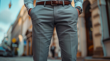 Closeup of a confident man wearing gray trousers and business shoes with his hands in his pockets