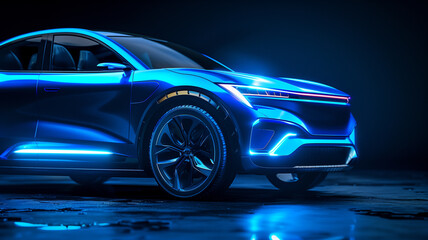 Fototapeta premium Front view of an electric SUV car with headlights on on a black background