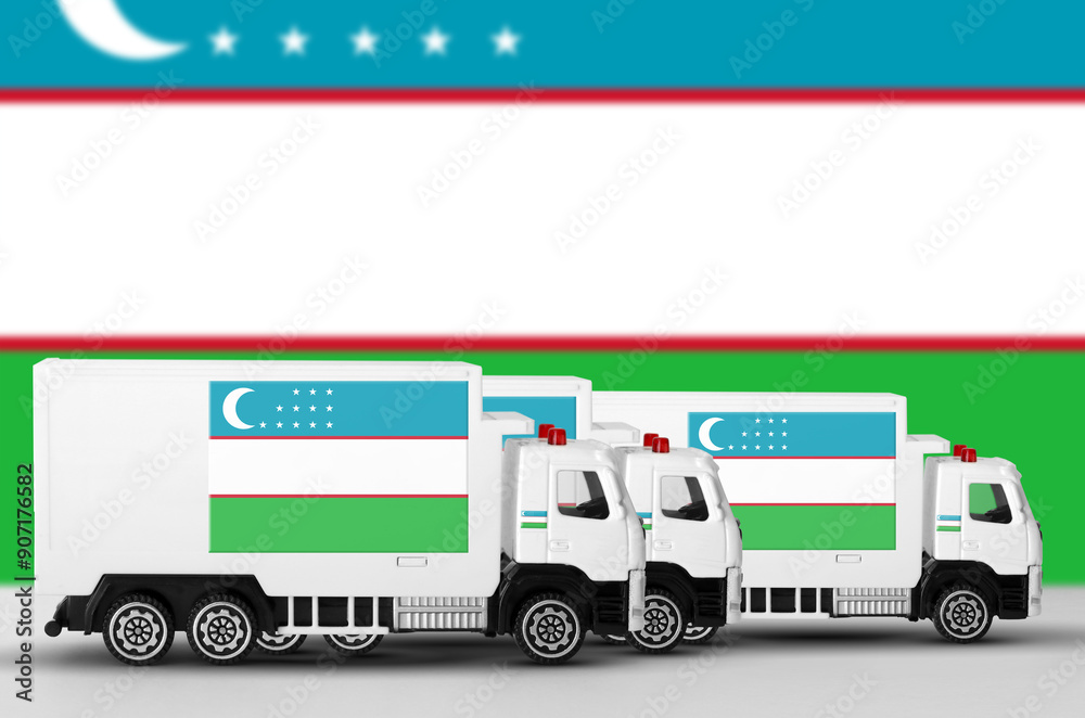 Wall mural uzbekistan flag depicted on side wall of white delivery van close up. shipping and local delivery co