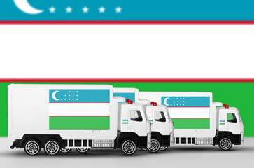 Uzbekistan flag depicted on side wall of white delivery van close up. Shipping and local delivery...