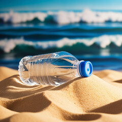 A close up of a plastic bottle on a sandy beach, with ocean waves in the background. Ideal for environmental campaigns, beach clean-up promotions, and eco-friendly articles.