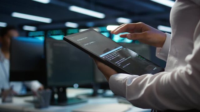 Engineer working in data center used for managing infrastructure rigs energy consumption. Employee using tablet in workplace used for automation and monitoring processes in server farm, camera B