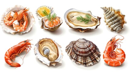 Realistic Seafood Illustration - Shrimp, Oyster, and Shell