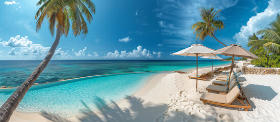 Naklejka premium View of swimming pool and beach area at island resort in Maldives