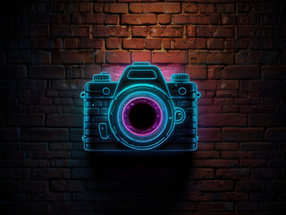 Camera Logo with Neon Light Effect on Brick Wall