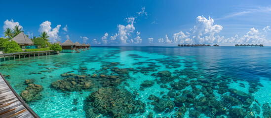 Beautiful views of the Maldives with clear blue waters and overwater bungalows
