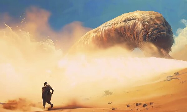 Giant Sandworm and Explorer in Desert with Ai generated.
