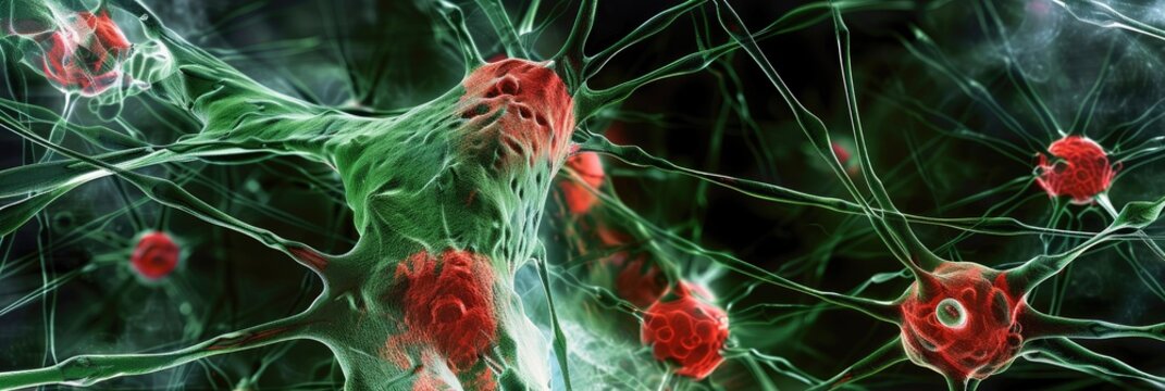 Human neuroblastoma cells red stained nuclei green microfilaments