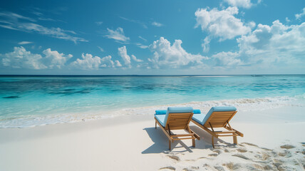 Comfortable beach chairs on the beach with blue sea background