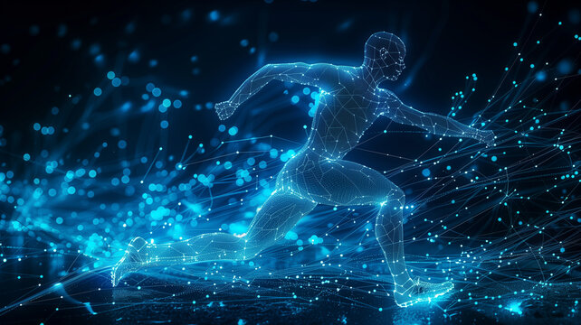 Blue wireframe hologram of an athlete running against a futuristic digital technology background