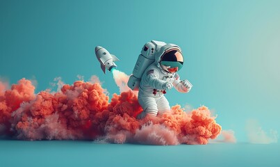 In a minimalist scene, a white astronaut rides a sleek rocket against a pastel blue sky, symbolizing a company's exciting startup journey, exploration, and innovation.