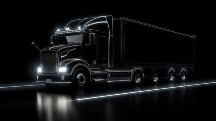Futuristic background with a semi-truck driving on a dark road. Ideal for logistics company websites.