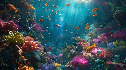 A colorful and vibrant underwater scene with various species of fish swimming amidst colorful coral reefs.