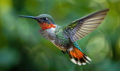 Fototapeta premium A close-up shot captures a vibrant hummingbird mid-flight against a soft green background, showcasing its beauty and dynamism in a natural setting.
