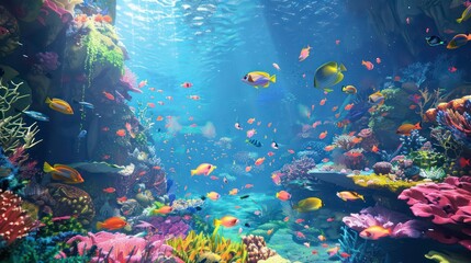 A colorful and vibrant underwater scene with various species of fish swimming amidst colorful coral reefs.