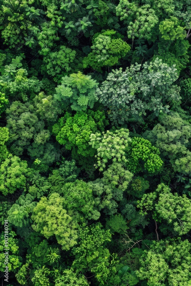 Poster aerial view of a dense green forest with tall trees and lush foliage