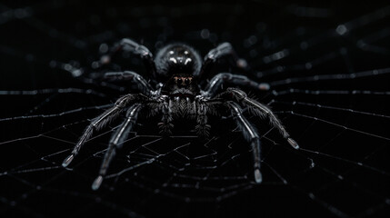 A black spider on a misty background.