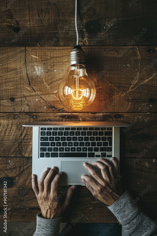 Poster close-up of a person working on their laptop in a dimly lit environment with a light bulb overhead