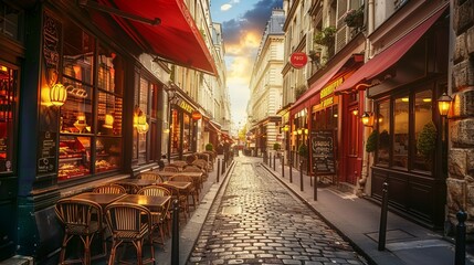 Cozy street with tables of cafe in Paris at night, France. Architecture and landmarks of Paris. Postcard of Paris