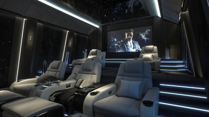 A modern, private theater space with plush reclining seats, a starry ceiling, and a large screen for movie viewing.